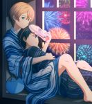  2boys barefoot black_hair black_kimono blonde_hair blue_eyes blue_kimono closed_eyes eugeo fcc fireworks highres japanese_clothes kimono kirito lying male_focus multiple_boys night on_side sitting_in_window sleeping striped striped_kimono sword_art_online yaoi 