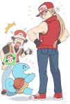  2boys baseball_cap blonde_hair blue_eyes denim fatal_fury fingerless_gloves gen_1_pokemon gloves hat jacket jeans long_hair male_focus multiple_boys muscle pants pokemon pokemon_(creature) pokemon_(game) pokemon_rgby pokemon_trainer ponytail red_(pokemon) smile snk squirtle super_smash_bros. terry_bogard the_king_of_fighters yasaikakiage 