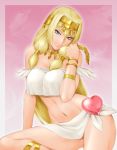  1girl blonde_hair blue_eyes breasts closed_mouth commentary_request feathers goddess heart highres ishtar kuroiani long_hair looking_at_viewer navel original smile solo 