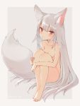  1girl animal_ear_fluff animal_ears breasts commentary_request expressionless fox_ears fox_girl fox_tail full_body highres komiya_nigi leg_hug long_hair nude original parted_lips red_eyes silver_hair tail very_long_hair 