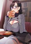  1girl black_hair breasts cleavage cleavage_cutout eating food french_fries glasses hair_between_eyes hamburger highres large_breasts long_hair long_sleeves looking_at_viewer nanahime original plate purple_eyes sitting solo striped striped_sweater sweater thigh_strap vertical_stripes 