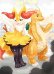  2018 ambiguous_gender anthro belly braixen canid canine claws clothing digital_media_(artwork) dragon dragonite duo hi_res human mammal nintendo pok&eacute;mon pok&eacute;mon_(species) rubber rubber_suit scalie tetetor-oort thick_thighs video_games wings 