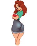  2019 aged_up anthro big_butt black_nose book bottomwear brown_hair butt canid canine canis clothed clothing disney domestic_dog female goof_troop hair hi_res holding_book holding_object jakuson_z long_hair looking_at_viewer mammal red_hair roxanne_(goof_troop) shirt shorts simple_background smile solo t-shirt tan_skin topwear white_background 