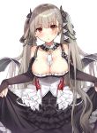  1girl azur_lane bangs bare_shoulders between_breasts black_dress blush breasts cleavage cowboy_shot curtsey dress earrings eyebrows_visible_through_hair formidable_(azur_lane) frilled_dress frills grey_hair hair_ornament hair_ribbon head_tilt highres jewelry large_breasts long_hair long_sleeves looking_at_viewer open_mouth ran9u red_eyes ribbon simple_background skirt_hold solo twintails white_background 