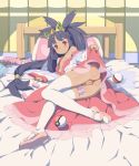  1girl anus big_hair black_hair breasts censored condom_packet_strip condom_wrapper crown dark_skin dildo dress egg_vibrator heart highres iris_(pokemon) long_hair low-tied_long_hair lying mosaic_censoring nipples off_shoulder on_bed on_side pillow pointless_censoring poke_ball pokemon pokemon_(game) pokemon_bw2 pussy red_eyes revision small_breasts smile solo tenako_(mugu77) thighhighs very_long_hair vibrator wide_sleeves 