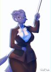  2019 5_fingers anthro blue_eyes bottomwear bow_tie breasts clothed clothing dragon female fingers hi_res horn notebook smile solo stick topwear woofmaple ych_(character) 
