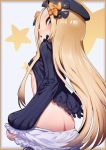  1girl abigail_williams_(fate/grand_order) ass bangs black_bow black_dress black_headwear blonde_hair bloomers bloomers_pull blue_eyes blush bow breasts dress dress_lift fate/grand_order fate_(series) forehead hat long_hair long_sleeves looking_at_viewer looking_back nipples open_mouth orange_bow parted_bangs ribbed_dress senkou_tobaku small_breasts star underwear white_bloomers 