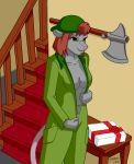  2014 anthro areola axe baseball_cap breasts chelsie_(sailoranna) clothed clothing didelphid female fur gift graphite_(artist) grey_fur hair hat headgear headwear mammal marsupial melee_weapon red_hair solo undressing virginia_opossum weapon 