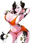  2016 alejandra_coldthorn anthro big_breasts bikini black_hair blue_eyes bovid bovine bracelet breasts cattle chalo cleavage clothed clothing digital_media_(artwork) eyebrows eyelashes eyewear female fur glasses hair half-closed_eyes hands_behind_head holstein_friesian_cattle horn huge_breasts jewelry las_lindas long_tail looking_at_viewer mammal midriff multicolored_hair navel necklace open_mouth patch_(marking) short_hair signature simple_background slightly_chubby solo standing swimwear tail_tuft text thick_thighs tuft two_tone_hair voluptuous webcomic white_background white_fur white_hair wide_hips 