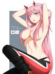  1girl armpits arms_up bangs black_panties blue_eyes breasts character_name collarbone commission darling_in_the_franxx groin hair_censor hair_over_breasts hairband highres horns long_hair medium_breasts navel panties pants pink_hair shiny shiny_hair shiny_skin signature slit_pupils solo tying_hair underwear user_ehct3485 very_long_hair white_background white_hairband zero_two_(darling_in_the_franxx) 