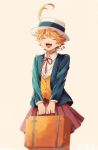  1girl :d ahoge blonde_hair blue_jacket closed_eyes collared_shirt cowboy_shot dress_shirt emma_(yakusoku_no_neverland) hat highres holding jacket kitimoop long_sleeves miniskirt neck_ribbon open_clothes open_jacket open_mouth pleated_skirt red_ribbon red_skirt ribbon shirt short_hair simple_background skirt smile soso standing suitcase white_background white_headwear white_shirt wing_collar yakusoku_no_neverland 