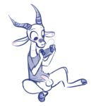  2019 antelope anthro balls barefoot blush bottomless bovid breath cellphone clothed clothing erection facial_markings fuel_(artist) fuel_(character) gazelle head_markings hi_res holding_object holding_phone horn male mammal markings partially_colored penis phone shirt simple_background sitting solo topwear white_background 
