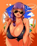  1girl bangs bikini braid breasts chae_(mike) english_text eyebrows_visible_through_hair fat hair_tie huge_breasts lips lipstick long_hair looking_at_viewer makeup mature mole mole_under_mouth open_mouth original purple_hair single_braid smile solo sunglasses swimsuit teatime_(mike) v view wide_hips 