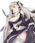  1girl :d azur_lane bangs bare_shoulders between_breasts bk201 black_dress black_nails blush breasts cleavage dress earrings eyebrows_visible_through_hair flight_deck formidable_(azur_lane) frilled_dress frills garter_straps grey_hair hair_ornament hair_ribbon highres jewelry large_breasts long_hair long_sleeves looking_at_viewer open_mouth red_eyes ribbon simple_background skindentation skirt_hold smile solo thighs twintails white_background white_legwear 