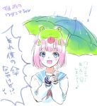  1girl :d bangs blue_eyes blush bob_cut eyebrows_visible_through_hair fang frog_on_head green_umbrella hatching_(texture) holding holding_umbrella kayoe!_chuugaku long_sleeves looking_at_viewer minamoto musical_note open_mouth oshima_(kayoe!_chuugaku) pink_hair rain raised_eyebrows school_uniform serafuku short_hair simple_background sketch smile solo spoken_musical_note talking translation_request umbrella upper_body white_background 