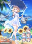  alternate_costume azur_lane beach bird blonde_hair blurry blurry_background breasts cannon carabiniere_(azur_lane) commentary_request curly_hair expressions flower full_body headband kaede_(003591163) manjuu_(azur_lane) official_art open_mouth purple_eyes seagull short_hair standing sunflower turret umbrella 