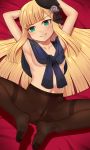  1girl armpits atsumisu bangs beret black_headwear blonde_hair blue_scarf blunt_bangs blush breasts brown_legwear clothes_around_neck crotch_seam eyebrows_visible_through_hair fate/grand_order fate_(series) feet green_eyes grey_rose grin hat long_hair looking_at_viewer lord_el-melloi_ii_case_files lying navel nt00 on_back pantyhose pussy reines_el-melloi_archisorte ringed_eyes scarf small_breasts smile solo spread_legs sweat sweatdrop thighband_pantyhose 