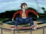  4:3 absurd_res anthro bottomwear bovid brown_eyes brown_hair caprine clothed clothing digital_media_(artwork) ezra_(torgore) flannel goat hair hi_res horn jeans jewelry male mammal necklace pants revive_skateboards skateboard skatepark solo torgore vans 