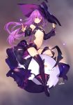  1girl aisha_landar artist_name black_legwear boots breasts detached_sleeves elsword full_body grin hand_on_headwear hat highres long_hair looking_at_viewer midriff miniskirt navel pleated_skirt purple_eyes purple_hair revealing_clothes skirt small_breasts smile solo swd3e2 thighhighs underboob witch_hat 