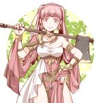  1girl armlet artist_name axe closed_mouth dancer dress earrings fire_emblem fire_emblem:_three_houses hilda_valentine_goneril holding holding_axe jewelry kizuki_miki long_hair nail_polish pink_eyes pink_hair smile solo twintails 