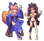  2girls :3 absurdres animal_ear_fluff animal_ears armlet asymmetrical_legwear asymmetrical_sleeves bangs barefoot black_ribbon blue_bow blue_kimono blue_legwear bow crown earrings elbow_gloves fate/grand_order fate_(series) fox_ears fox_girl fox_shadow_puppet fox_tail gloves gold_trim highres hoop_earrings ishtar_(fate/grand_order) j5-daigada japanese_clothes jewelry kimono multiple_girls neck_ring parted_bangs pink_hair ribbon sandals simple_background single_elbow_glove single_thighhigh smile tail tamamo_(fate)_(all) tamamo_no_mae_(fate) thighhighs tiara toeless_legwear white_background yellow_eyes 