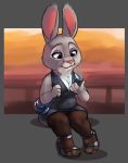  2019 absurd_res anthro biped bonnie_hopps breasts cleavage clothed clothing cocktail_dress disney dress eyeshadow female footwear fur grey_fur handbag hi_res high_heels lagomorph legwear leporid makeup mammal mature_female pantyhose phone pink_nose purple_eyes rabbit shoes siroc sitting slightly_chubby solo zootopia 