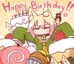  1girl animal_ear_fluff animal_ears bangs bell bell_collar birthday_cake blonde_hair blush brown_collar burning cake candle candy closed_eyes collar commentary_request eyebrows_visible_through_hair facing_viewer fire food fox_ears fox_girl fox_tail fruit green_shirt hair_between_eyes hair_bun hair_ornament happy_birthday heart highres kemomimi-chan_(naga_u) lollipop long_hair long_sleeves naga_u orange_neckwear original outstretched_arms sailor_collar shirt sidelocks sleeves_past_fingers sleeves_past_wrists solo strawberry swirl_lollipop swiss_roll tail white_sailor_collar 