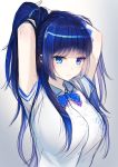  1girl absurdres aoi_ch. arms_up bangs blue_eyes blue_hair blunt_bangs breasts closed_mouth fuji_aoi hanasaki_mahiru hands_in_hair highres large_breasts lips long_hair mole mole_under_eye ponytail shirt short_sleeves simple_background sketch solo upper_body virtual_youtuber white_shirt 