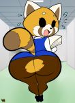  aggressive_retsuko ailurid anthro bodily_fluids butt clothed clothing female flying_sweatdrops fur looking_at_viewer mammal open_mouth paper rear_view red_panda retsuko sanrio short_stack solo standing sweat sweatdrop thick_thighs tongue torn_clothing virtigogun wardrobe_malfunction wide_hips 