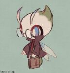  bespectacled blue_eyes bright_pupils brown_bag brown_coat celebi clothed_pokemon coat commentary_request dated glasses green_background holding leels necktie no_humans pokemon pokemon_(creature) red_necktie solo white_pupils 