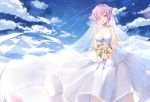  1girl blush bouquet breasts bridal_veil bride cleavage cloud crying crying_with_eyes_open dress fate/grand_order fate_(series) flower gloves highres lace lace_gloves large_breasts looking_at_viewer mash_kyrielight maya_g one_eye_covered petals purple_eyes purple_hair rose_petals see-through sky smile solo tearing_up tears veil wedding_dress white_dress 