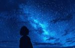  1girl blue_theme dark from_behind night night_sky original scenery short_hair signature silhouette sky skyrick9413 spiral star_(sky) starry_sky upper_body 