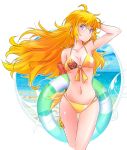  1girl ahoge ass_visible_through_thighs bikini blonde_hair breasts highres iesupa innertube large_breasts long_hair midriff navel print_bikini_top prosthesis prosthetic_arm purple_eyes rwby solo swimsuit wavy_hair yang_xiao_long yellow_bikini 