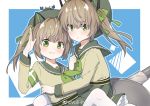  2girls :&lt; abercrombie_(warship_girls_r) absurdres animal_ears armband beret brown_hair cat_ears crab fake_animal_ears green_eyes hair_ornament hair_ribbon hat highres long_hair looking_at_viewer multiple_girls pantyhose ribbon roberts_(warship_girls_r) salute school_uniform side_ponytail simple_background warship_girls_r weibo_username white_legwear 