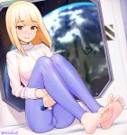  1girl barefoot blonde_hair blue_background blush brown_eyes feet highres leggings legs looking_at_viewer md5_mismatch medium_hair original rezodwel sitting soles solo space thighs toes 