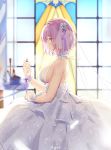  1girl bare_shoulders blush breasts bridal_veil bride church collarbone dress fate/grand_order fate_(series) gloves highres indoors jewelry lace lace_gloves large_breasts mash_kyrielight maya_g profile purple_eyes purple_hair ring see-through sideboob smile solo veil wedding_dress wedding_ring white_dress 