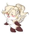  alternate_species blizzard_entertainment blush eyelashes eyes_closed feathered_wings feathers female fur furrification low_res mammal mercy_(overwatch) murasaki_yuri overwatch simple_background solo ursid video_games white_background wings yellow_fur 
