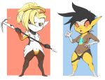  2017 alternate_species annoyed black_hair blizzard_entertainment blonde_hair blue_eyes blush breasts duo female hair humanoid imp mercy_(overwatch) navel not_furry open_mouth overwatch red_sclera short_hair short_stack simple_background standing subakitsu surprise tracer_(overwatch) transformation video_games wide_hips yellow_eyes yellow_sclera 