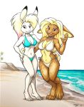  2019 4_toes 5_fingers beach bikini blonde_hair brown_fur candi_(dustmeat) clothing digitigrade duo female fingers fur hair lagomorph leporid liane looking_at_viewer mammal megan_giles navel rabbit ring seaside side-tie_bikini smile swimwear toes water wave white_fur 