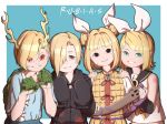  4girls armor bangs bare_shoulders black_hoodie blonde_hair blood blood_splatter blue_eyes blunt_bangs bow claws clenched_hands collarbone commentary cracked_skin detached_sleeves double_bun dragon_girl dragon_horns eyebrows_visible_through_hair green_eyes hair_bow hair_ornament hair_over_one_eye hair_ribbon hairclip hands_on_another&#039;s_shoulders haniwa_(statue) head_tilt hood hood_down hoodie horns idolmaster idolmaster_cinderella_girls joutouguu_mayumi kagamine_rin kicchou_yachie long_sleeves looking_at_viewer mefomefo midriff multiple_girls paw_pose red_eyes ribbon sailor_collar scabbard scales sheath shirasaka_koume short_hair short_sleeves simple_background skull sleeves_past_wrists slit_pupils smile spanish_text touhou translated treble_clef upper_body vambraces vocaloid x_x yellow_eyes 