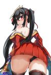  1girl arched_back ass azur_lane bangs bare_shoulders black_hair black_legwear black_panties blush breasts eyebrows_visible_through_hair feathers floral_print from_behind from_below hair_between_eyes hair_ribbon highres japanese_clothes kimono kimono_skirt large_breasts long_hair long_sleeves looking_at_viewer looking_back multicolored nape obi off-shoulder_kimono panties pantyshot pantyshot_(standing) parted_lips pleated_skirt red_eyes red_kimono red_ribbon ribbon sash sidelocks simple_background skirt solo standing striped striped_ribbon sy_1755 taihou_(azur_lane) thighhighs thighs twintails underwear very_long_hair very_long_sleeves white_background 