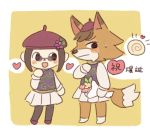  &lt;3 animal_crossing anthro blush border bottomwear bouquet buke3jp canid canine canis chief_(animal_crossing) clothing duo eyewear female glasses human mammal nintendo simple_background skirt standing video_games white_border wolf yellow_background 