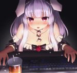  1girl animal_ears at_computer blush breasts brown_gloves bunny_ears bunny_girl chain cleavage collar collarbone commentary cup dark drinking_straw frills gloves highres keyboard_(computer) medium_breasts mouse_(computer) neit_ni_sei nijisanji open_mouth red_eyes smile solo sweat tsukimi_shizuku virtual_youtuber 