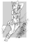  2019 4_toes 5_fingers anthro barefoot black_nose breasts canid canine clothed clothing digitigrade female fingers fox fur hair mammal sitting solo tanutanuki toes traditional_media_(artwork) 