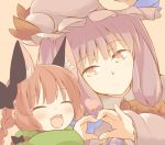  2girls animal_ears blush bow braid brown_background brown_eyes cat_ears closed_eyes commentary commentary_request eyebrows eyebrows_visible_through_hair hair_bow hat hazuki_ruu heart heart_hands heart_hands_duo kaenbyou_rin long_hair mob_cap multiple_girls patchouli_knowledge purple_hair red_hair simple_background smile touhou 