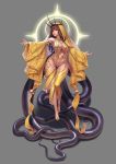  1girl absurdres anklet armlet ass bangs breasts chain contrapposto crown_of_thorns cthulhu_mythos curvy detached_sleeves eyeshadow full_body genderswap genderswap_(mtf) glitter gold halo hastur high_heels highres hook jewelry king_in_yellow large_breasts lips long_hair looking_at_viewer makeup navel necklace orange_eyes revealing_clothes rhasta shoes single_thighhigh skindentation slingshot_swimsuit solo standing swimsuit tentacles thighhighs veil wide_sleeves yellow_footwear yellow_legwear yellow_nails yellow_sleeves yellow_swimsuit 