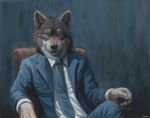  2019 5_fingers anthro black_nose blue_eyes brown_fur canid canine canis chair claws clothing fingers fur hi_res hibbary looking_at_viewer male mammal necktie rakan scar solo suit traditional_media_(artwork) white_fur wolf 