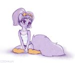  anthro brown_eyes clothed clothing coonkun female fluffy fluffy_tail fur legwear mammal mephitid panties pigtails purple_fur shirt simple_background sitting skunk socks solo tank_top topwear underwear white_background young 