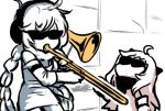  2girls absurdly_long_hair ahoge english_commentary headphones horns instrument kantai_collection long_hair lowres meme multiple_girls northern_ocean_hime pale_skin shinkaisei-kan sunglasses supply_depot_hime terrajin trombone very_long_hair when_mama_isn&#039;t_home white_hair 