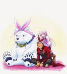  ainu_clothes archer bead_necklace beads bear blush dark_skin dark_skinned_male fate/grand_order fate_(series) fingerless_gloves gloves hairband highres indian_style jewelry long_hair necklace polar_bear shirou_(fate/grand_order) sitonai sitting smile white_hair 